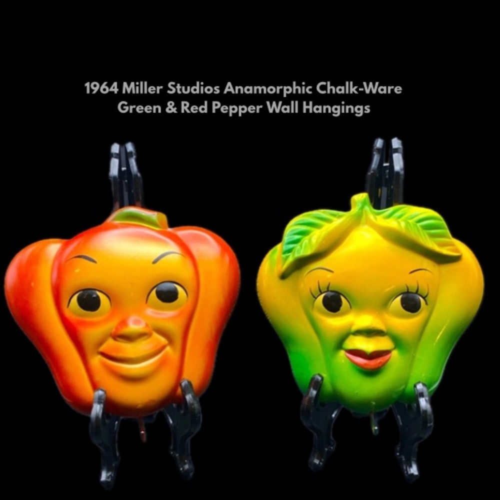 1964 Miller Studios Anamorphic Chalk-Ware Green & Red Pepper Wall Hangings